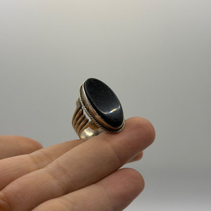 Vintage Silver Ring Black Onyx Oval Stone Ribbed Band