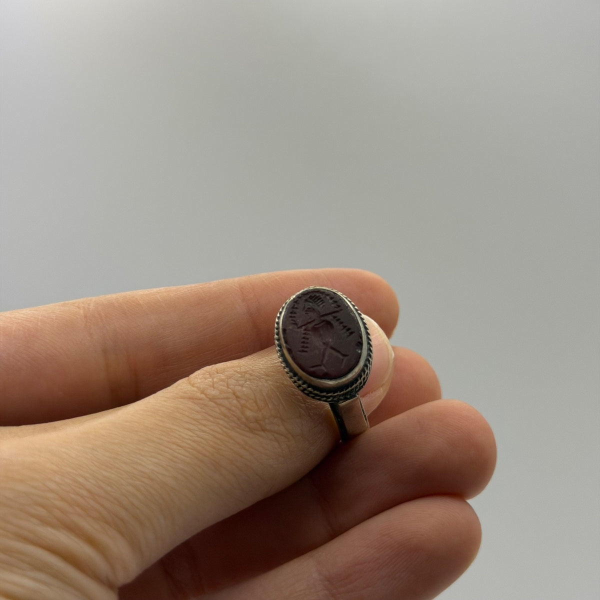 Silver Carnelian Intaglio Engraved Oval Gemstone Rope Edge Signet Ring