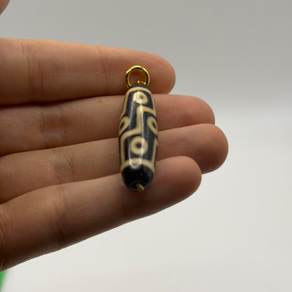 Vintage Tibetan Dzi Eye Agate Bead Tube Pendant Gold Tone Charm