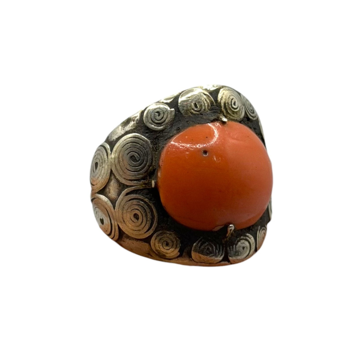 Silver Swirl Design Ring with Round Coral Cabochon