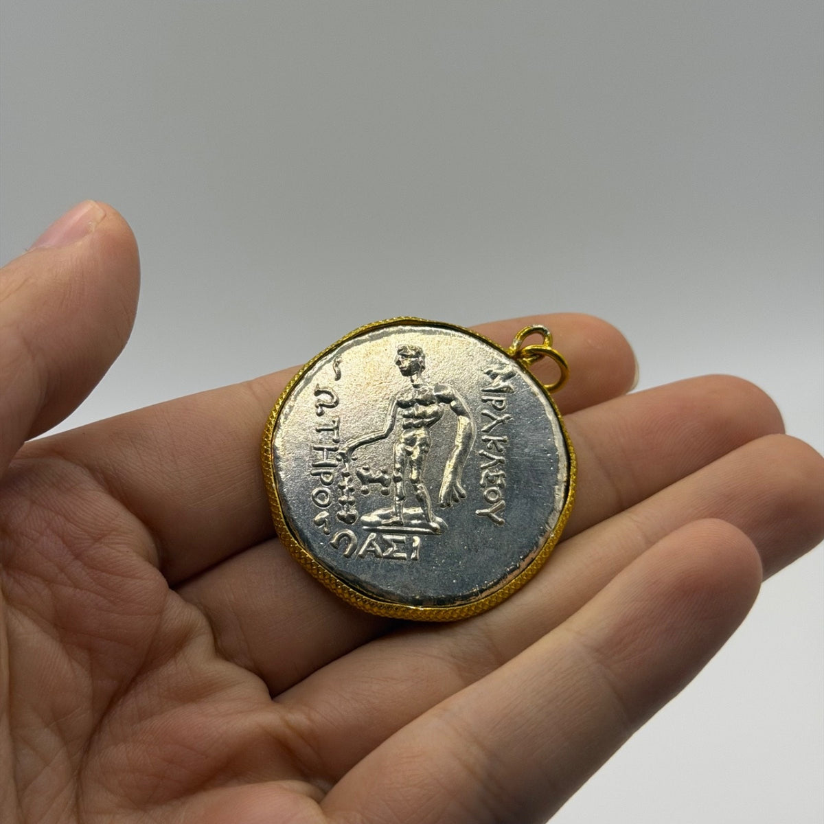 Ancient Greek Roman Inspired Silver Plated Gold Gilded Coin Pendant