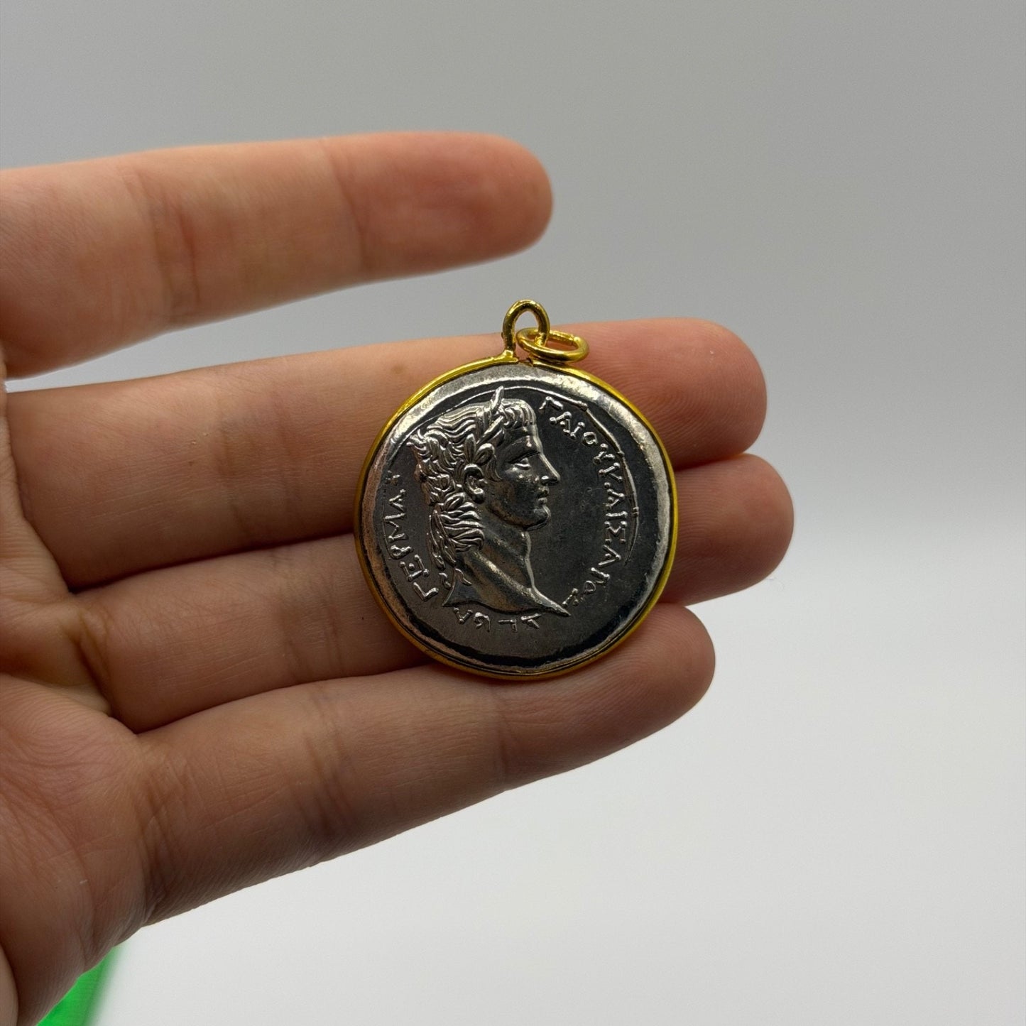 Ancient Roman Coin Style Pendant Laureate Bust Gold Tone Frame Charm