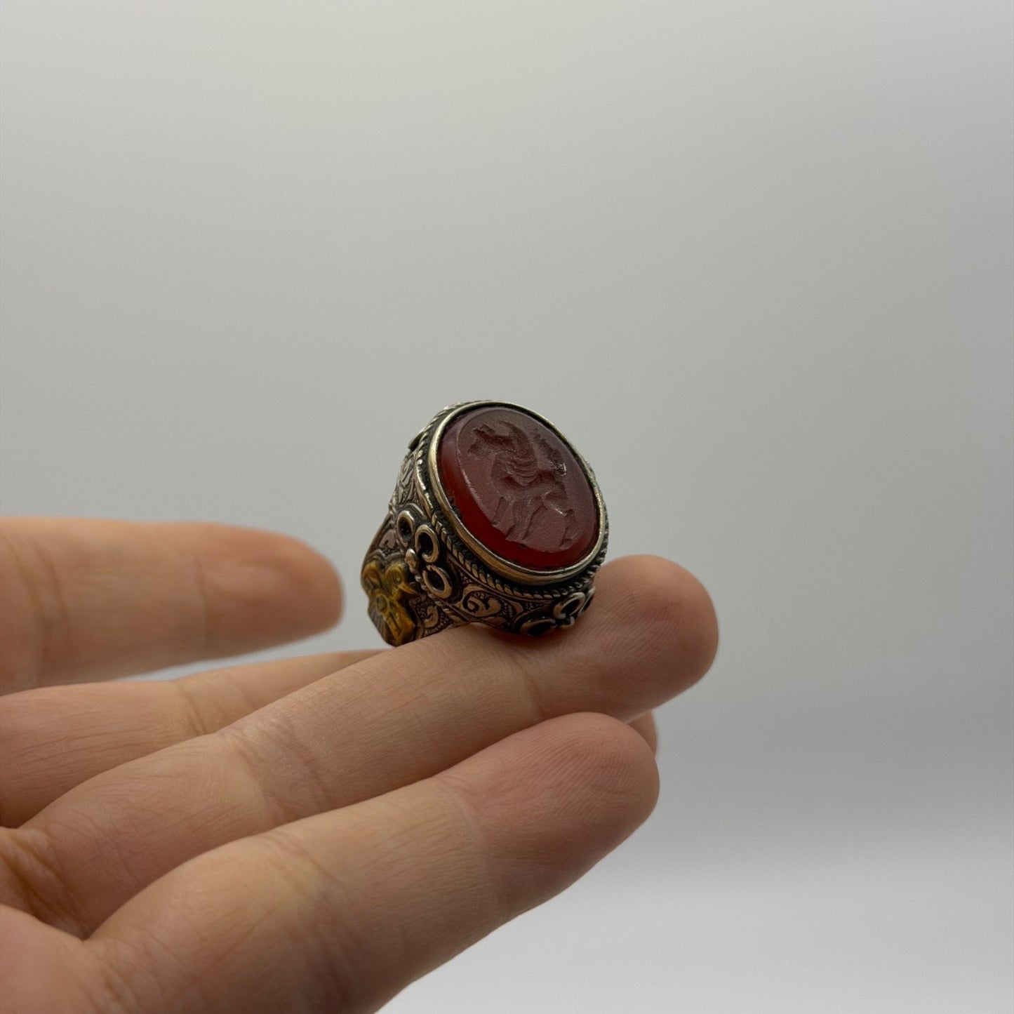 Silver Filigree Intaglio Ring - Carved Carnelian Horse Motif