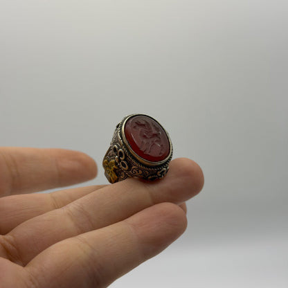 Silver Filigree Intaglio Ring - Carved Carnelian Horse Motif