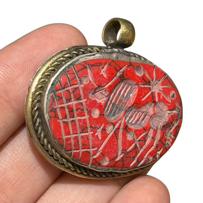 Vintage Indus Valley Holy Cow Intaglio Brass Pendant