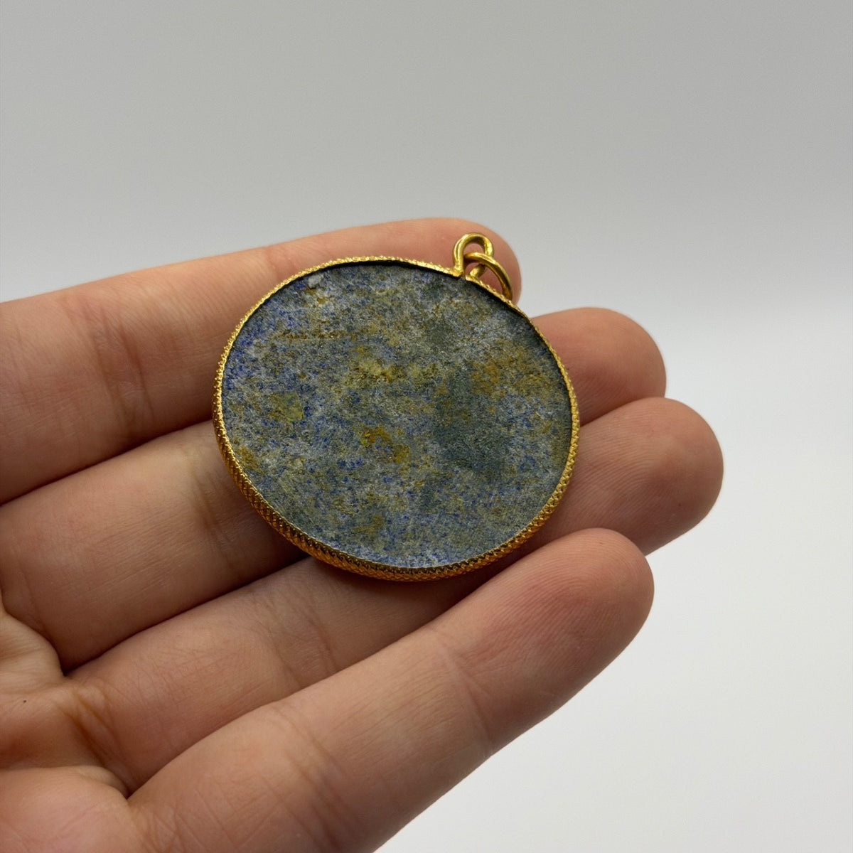 Natural Afghan Lapis Lazuli Pendant Faceted Round Blue Gemstone Gold Tone Frame