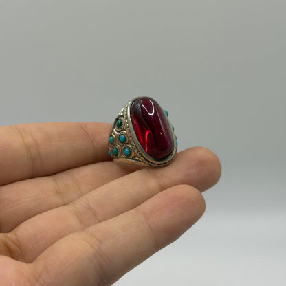 Vintage Silver Oval Red Glass Solitaire Ring Rope Bezel Detail