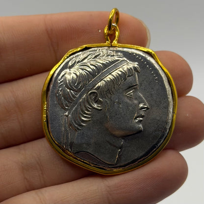 Ancient Roman Greek Inspired Silver Plated Gold Gilded Coin Pendant