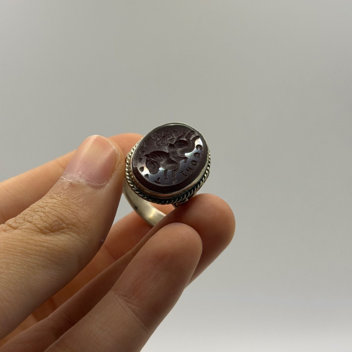 Antique Style Silver Filigree Ring with Oval Black Intaglio Gemstone