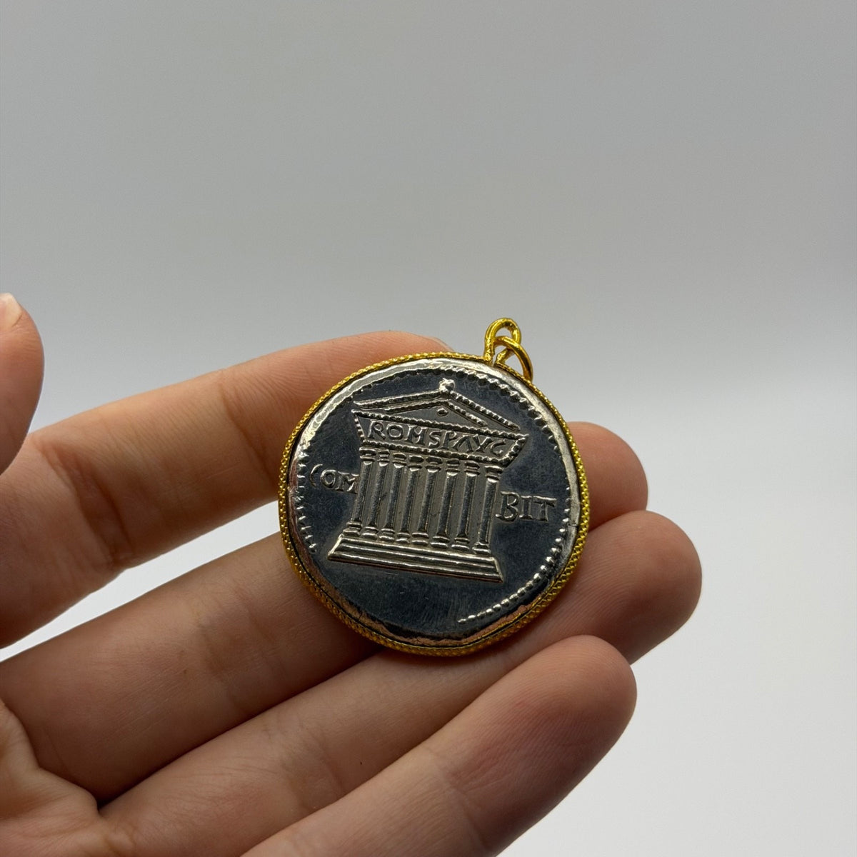 Ancient Roman Coin Style Pendant Emperor Profile Gold Tone Bezel Charm