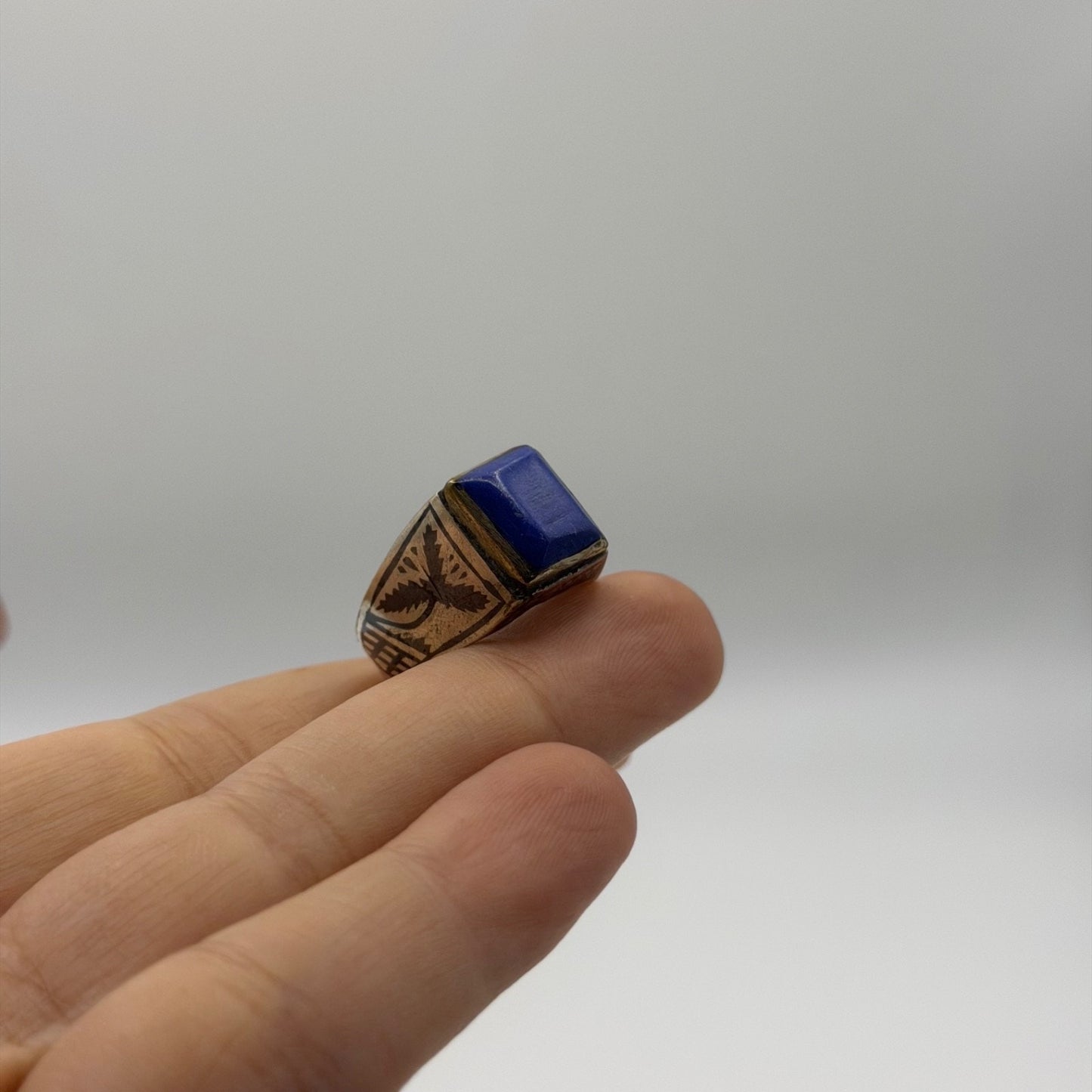Vintage Two-Tone Ring with Hand-Etched Butterfly & Blue Lapis Stone