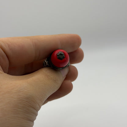 Antique Silver Filigree Ring with Round Red Coral Cabochon