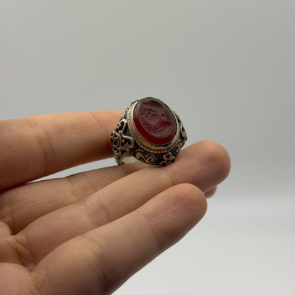 Vintage Silver Roman Carnelian Intaglio Ring Antique Style Carved Gemstone