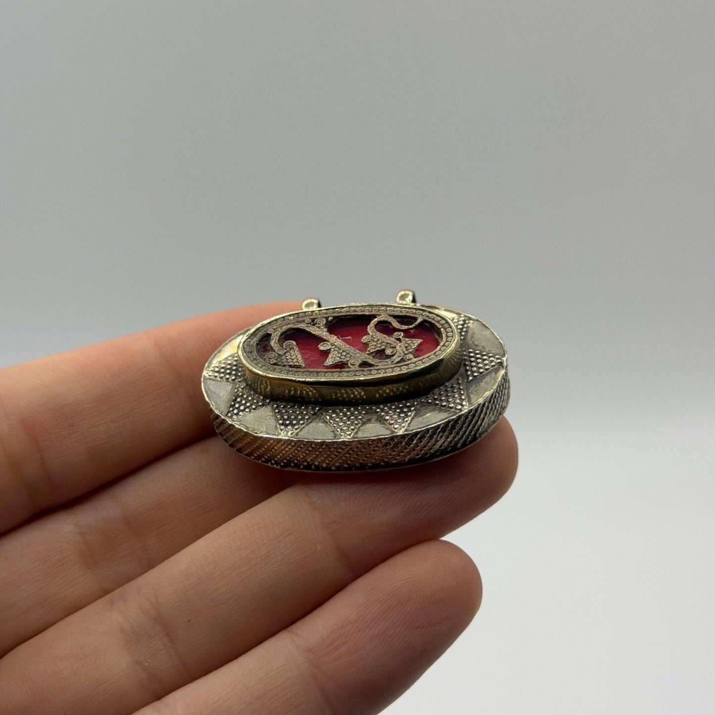 Vintage Tribal Silver Tone Oval Pendant Brooch –Red Resin Inlay Granulation Work