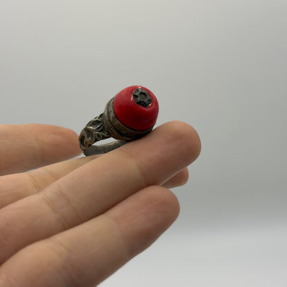 Antique Silver Filigree Ring with Round Red Coral Cabochon