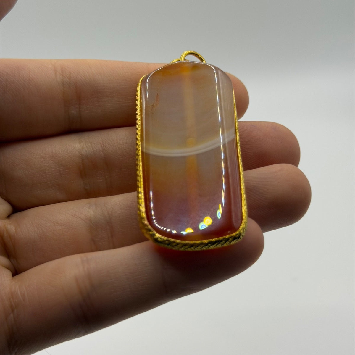 Vintage Gold Tone Natural Banded Carnelian Agate Rectangular Slab Pendant