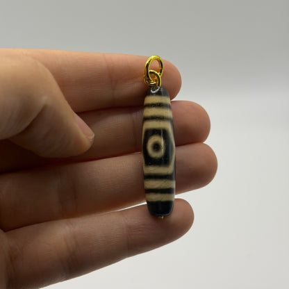 Vintage Tibetan Dzi Eye Agate Bead Tube Pendant Gold Tone Charm