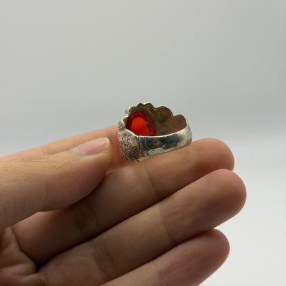 Vintage Silver Red Gemstone Ring Unique Floral Petal Claw Setting Statement