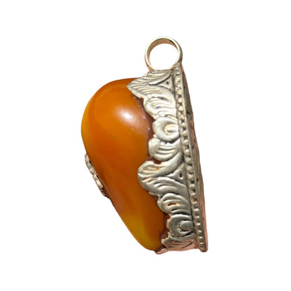 Vintage Nepalese Boho Tribal Amber Like Stone Silver Tone Pendant
