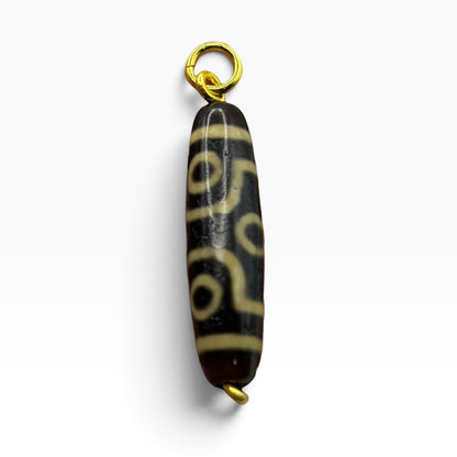 Vintage Tibetan Dzi Eye Agate Bead Tube Pendant Gold Tone Charm