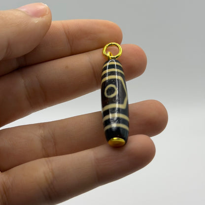 Vintage Tibetan Dzi Eye Agate Bead Tube Pendant Gold Tone Charm