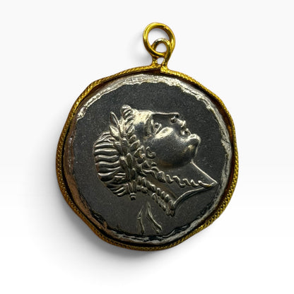 Ancient Greek Coin Style Pendant Gold Tone Bezel Frame Medallion Charm
