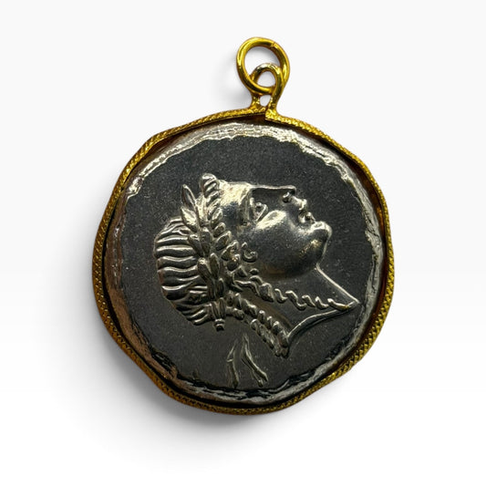 Ancient Greek Coin Style Pendant Gold Tone Bezel Frame Medallion Charm