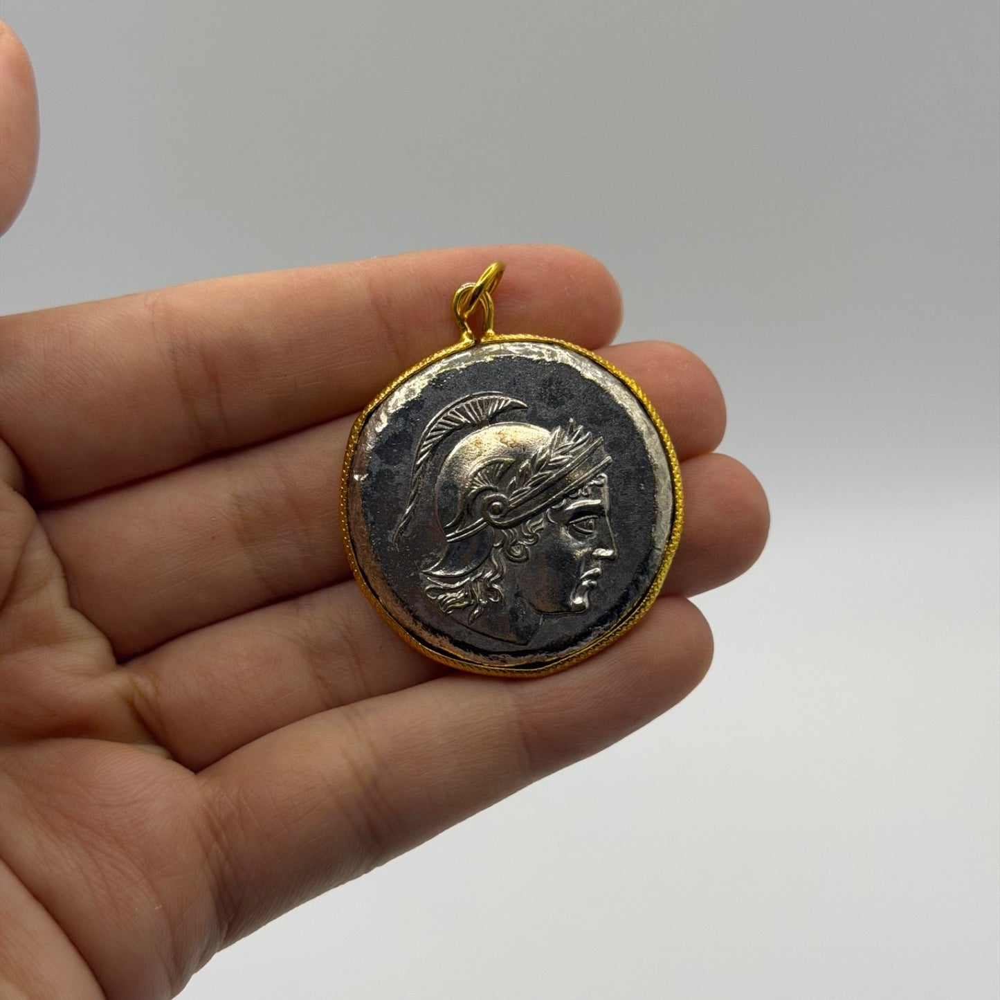 Ancient Roman Greek Warrior Style Coin Pendant Gold Tone Frame Medallion Charm