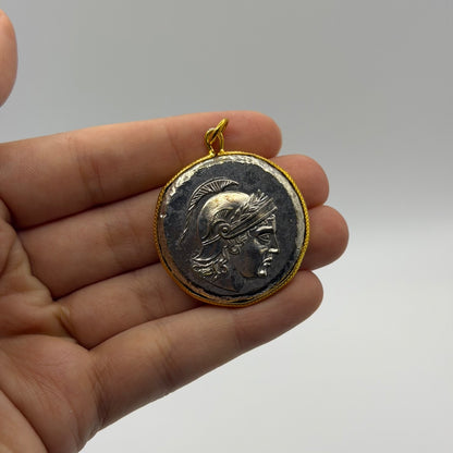 Ancient Roman Greek Warrior Style Coin Pendant Gold Tone Frame Medallion Charm