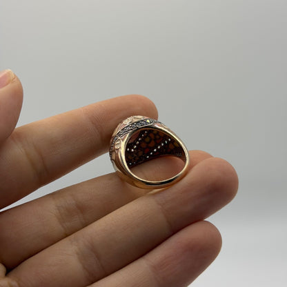 Antique Style Gold-Tone Enamel Ring w/ Rose Quartz & Pave Crystal Accents