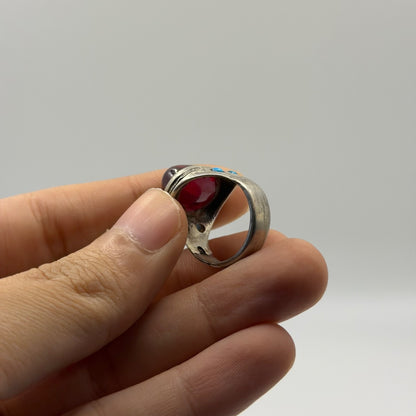 Vintage Silver Red Glass Ring Turquoise Accent Inlay Tribal Style