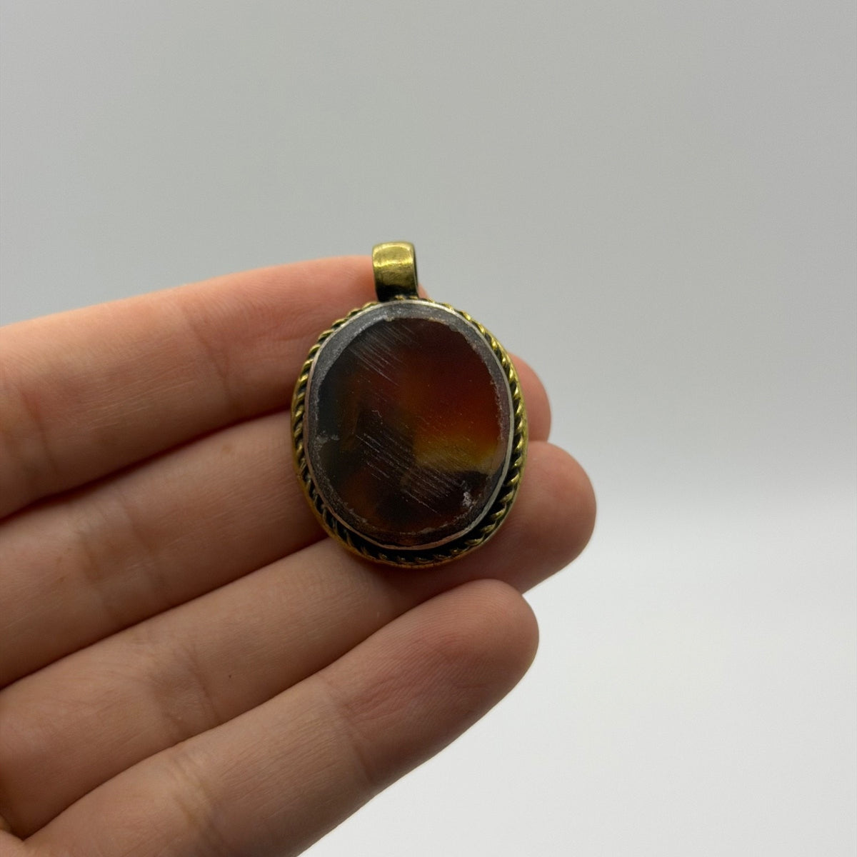 Vintage Brass Framed Oval Carnelian Agate Gemstone Pendant Charm