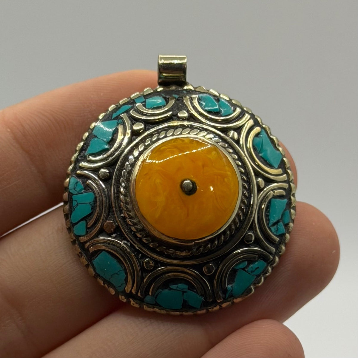Vintage Tibetan Tribal Round Mandala Pendant Faux Amber Turquoise Mosaic
