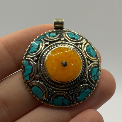 Vintage Tibetan Tribal Round Mandala Pendant Faux Amber Turquoise Mosaic