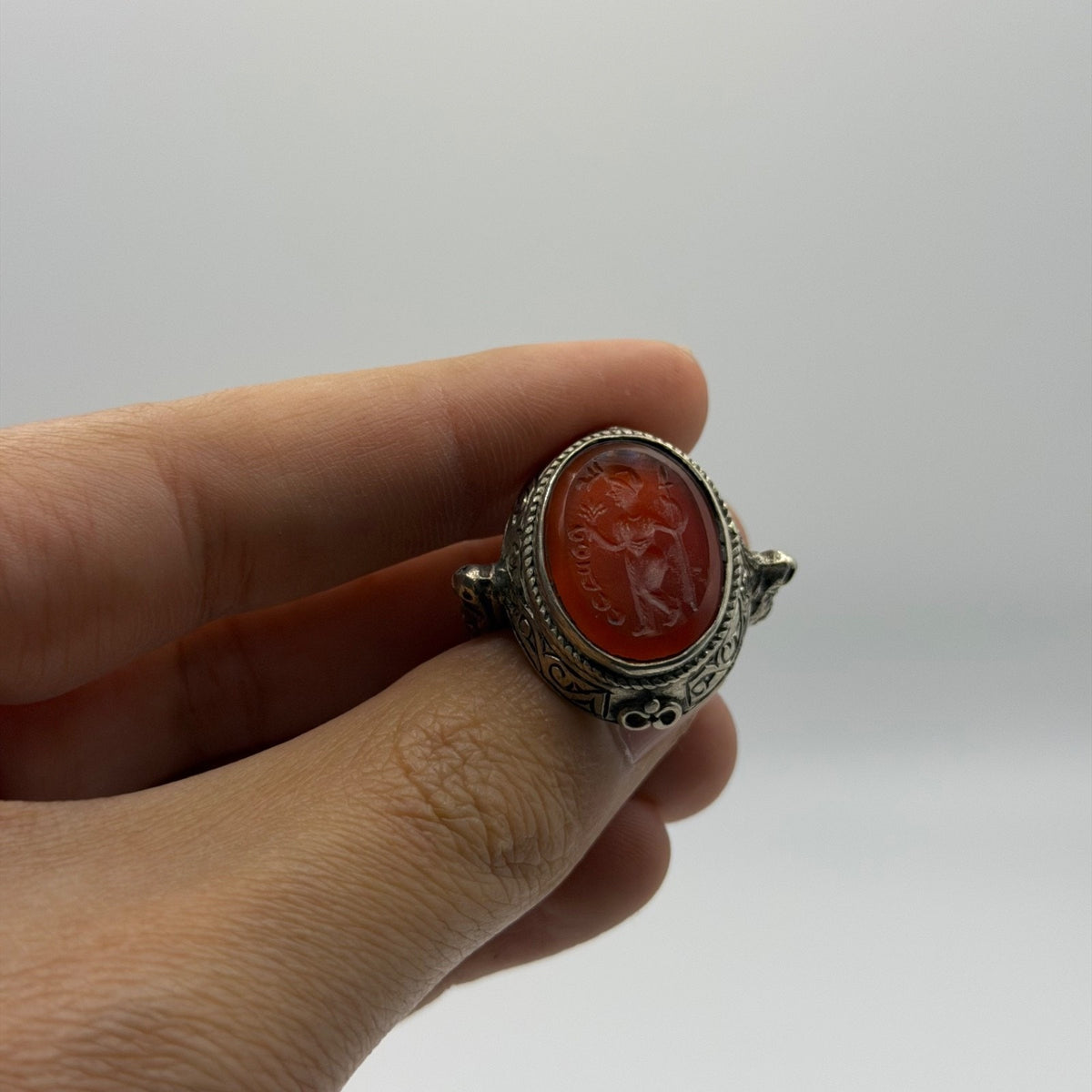 Vintage Silver Intaglio Carved Carnelian Portrait Seal Ring Roman Inspired