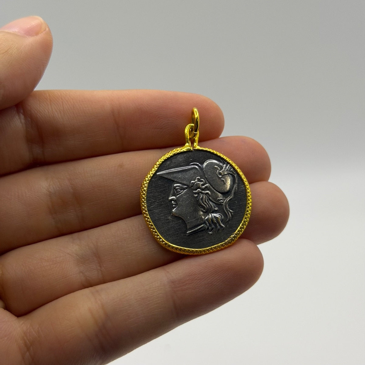 Ancient Roman Greek Style Silver & Gold Tone Coin Pendant