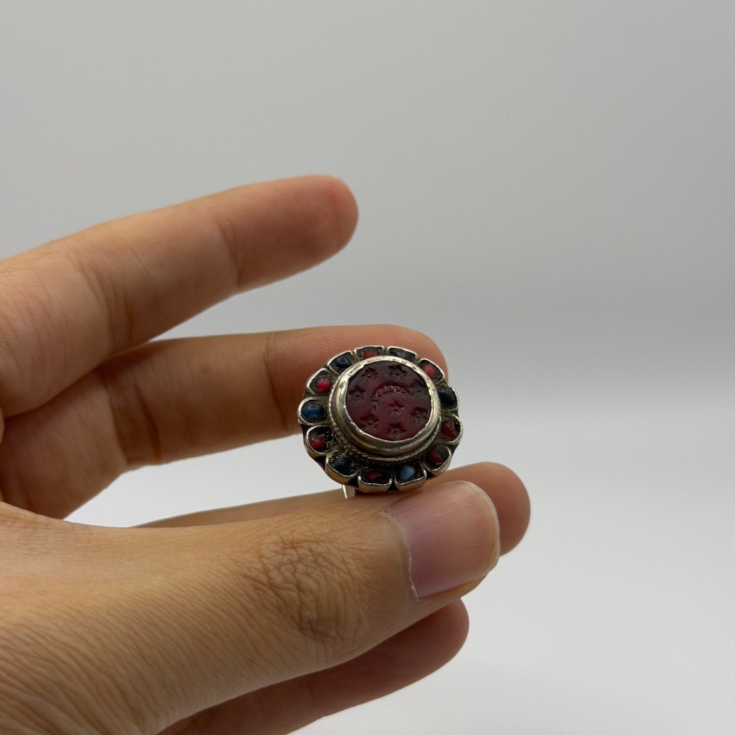 Silver Filigree Flower Ring with Carnelian Intaglio & Bead Border