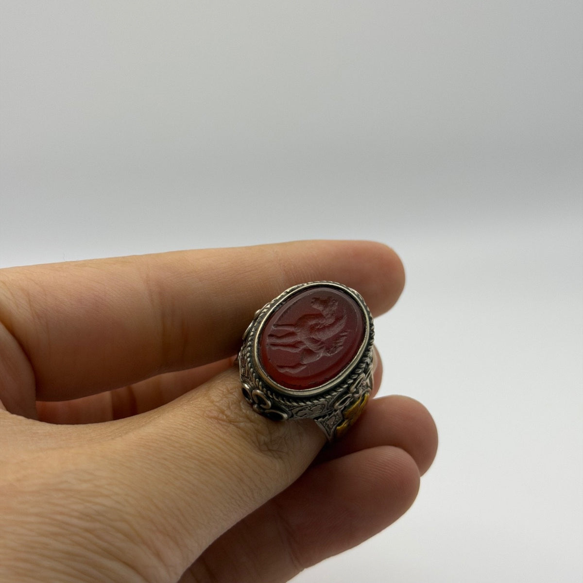 Silver Filigree Intaglio Ring - Carved Carnelian Horse Motif