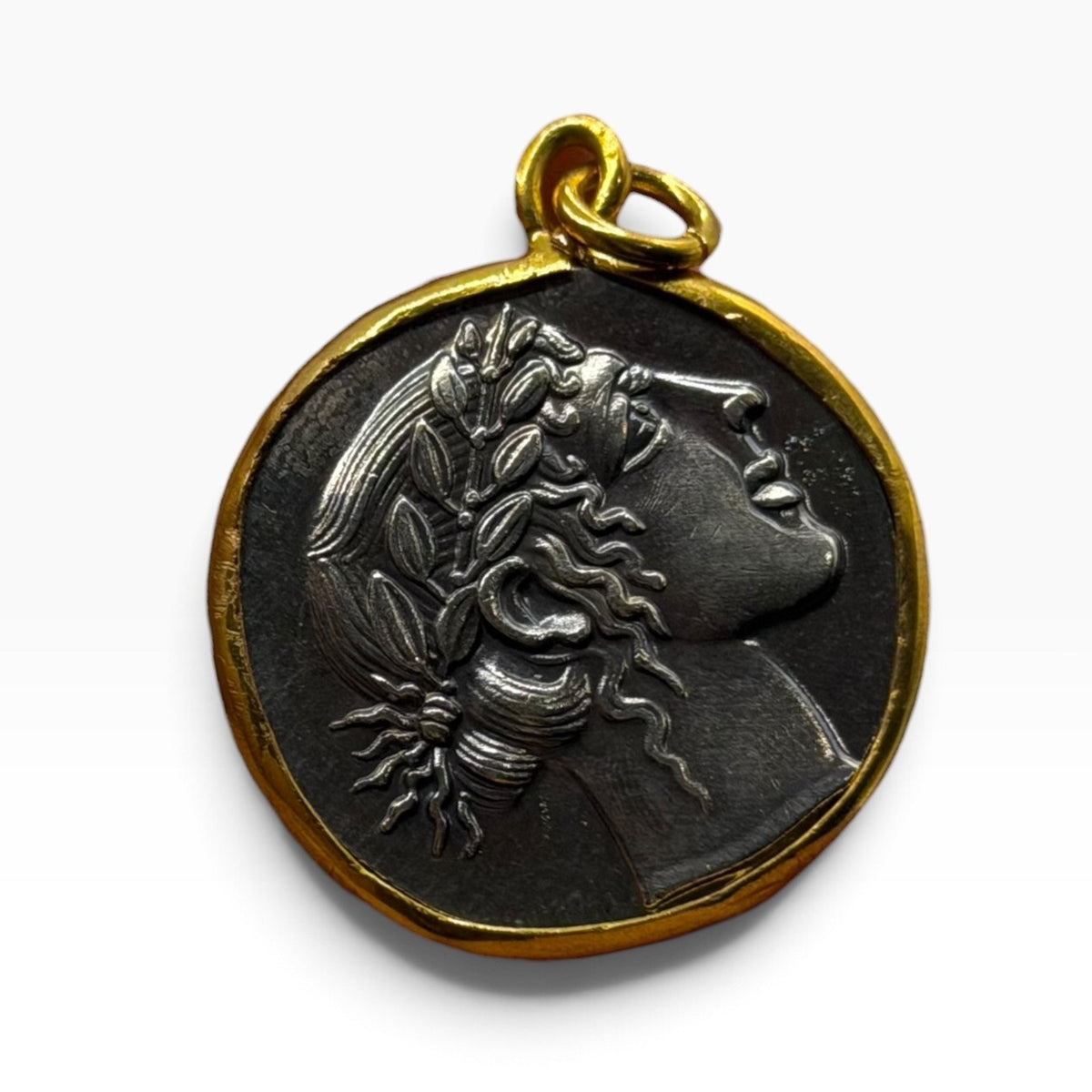 Ancient Roman Greek Style Silver & Gold Tone Coin Pendant