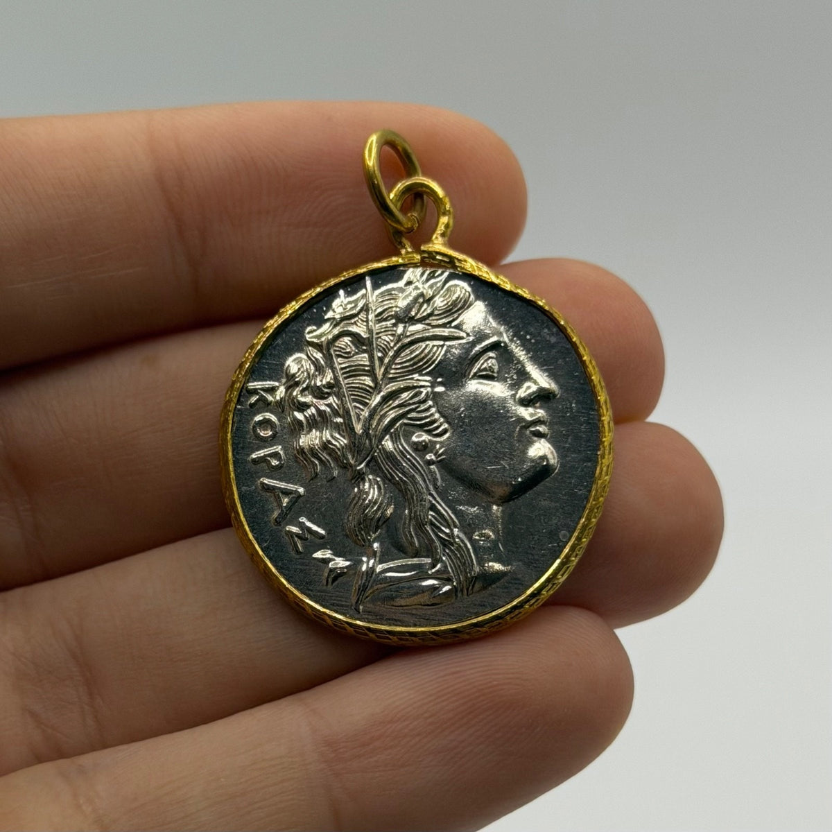 Ancient Roman Greek Style Silver & Gold Plated Coin Pendant