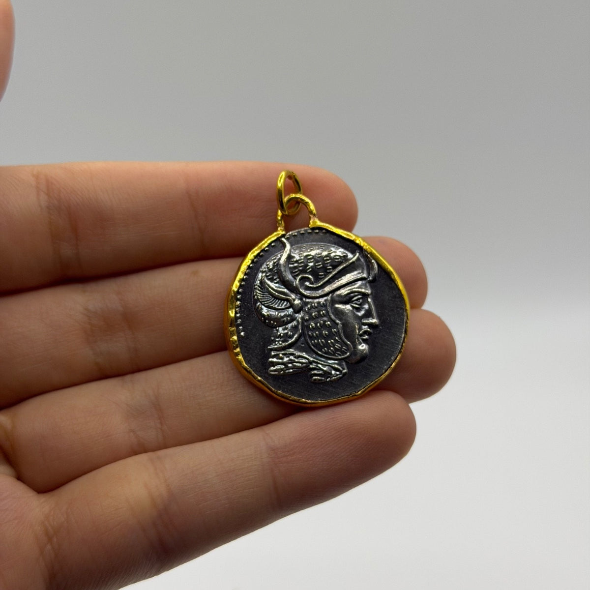 Ancient Roman Greek Style Silver & Gold Tone Coin Pendant