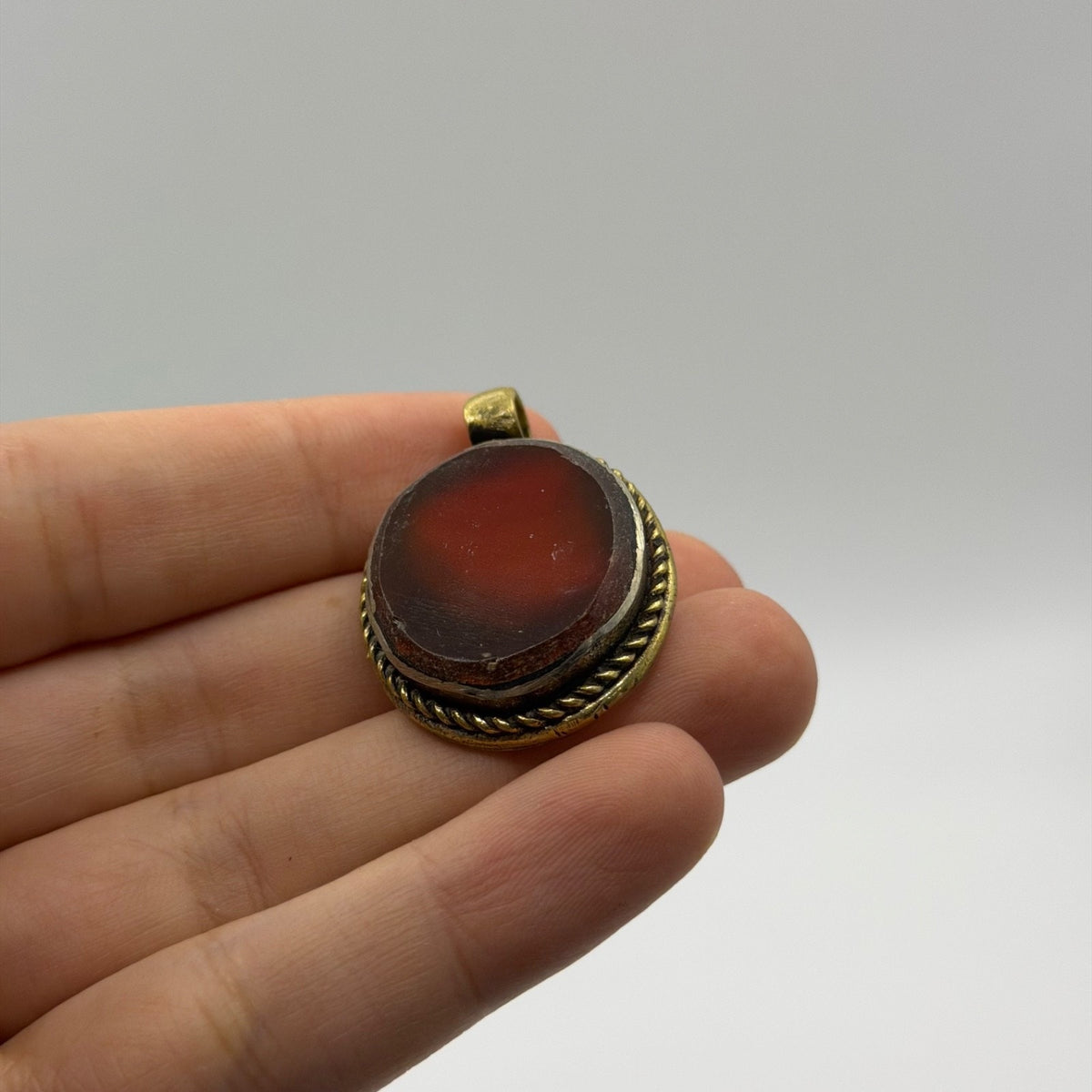 Vintage Brass Framed Oval Carnelian Agate Gemstone Pendant Charm