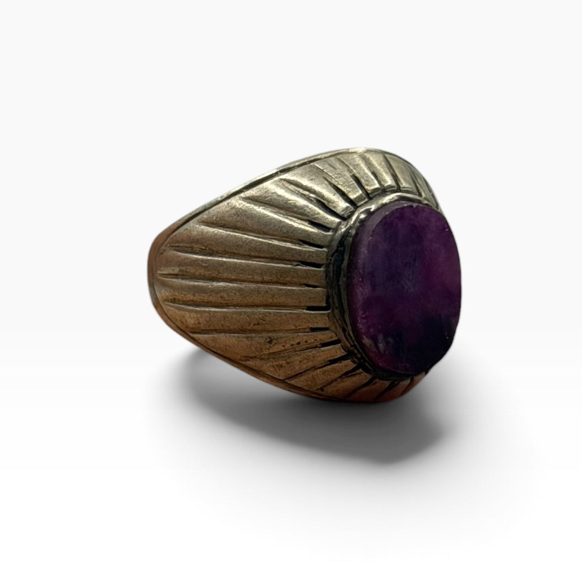 Vintage Silver Oval Raw Purple Gemstone Solitaire Fluted Band Ring
