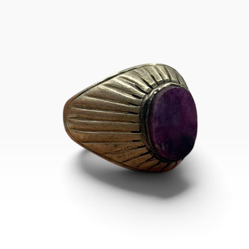 Vintage Silver Oval Raw Purple Gemstone Solitaire Fluted Band Ring