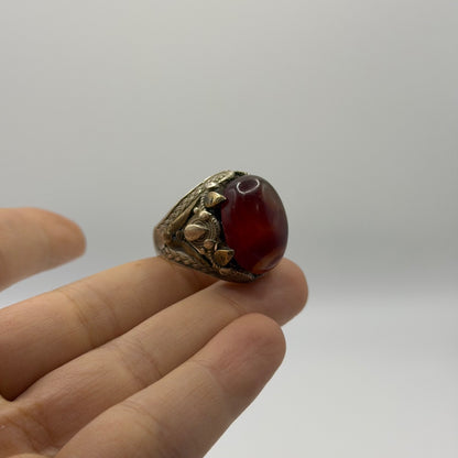 Vintage Silver Filigree Statement Ring with Red Carnelian Cabochon