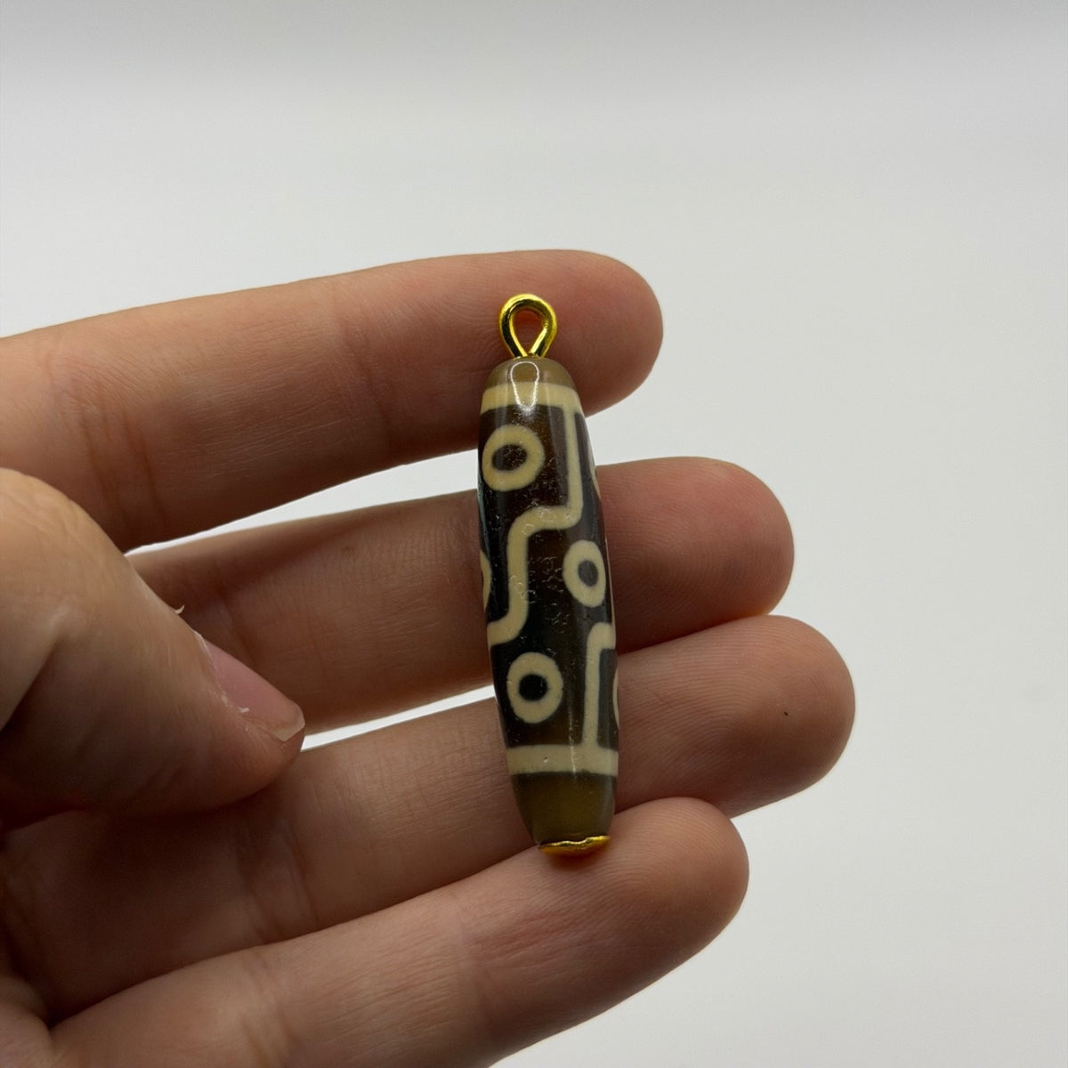 Vintage Tibetan Dzi Eye Agate Bead Tube Pendant Gold Tone Charm