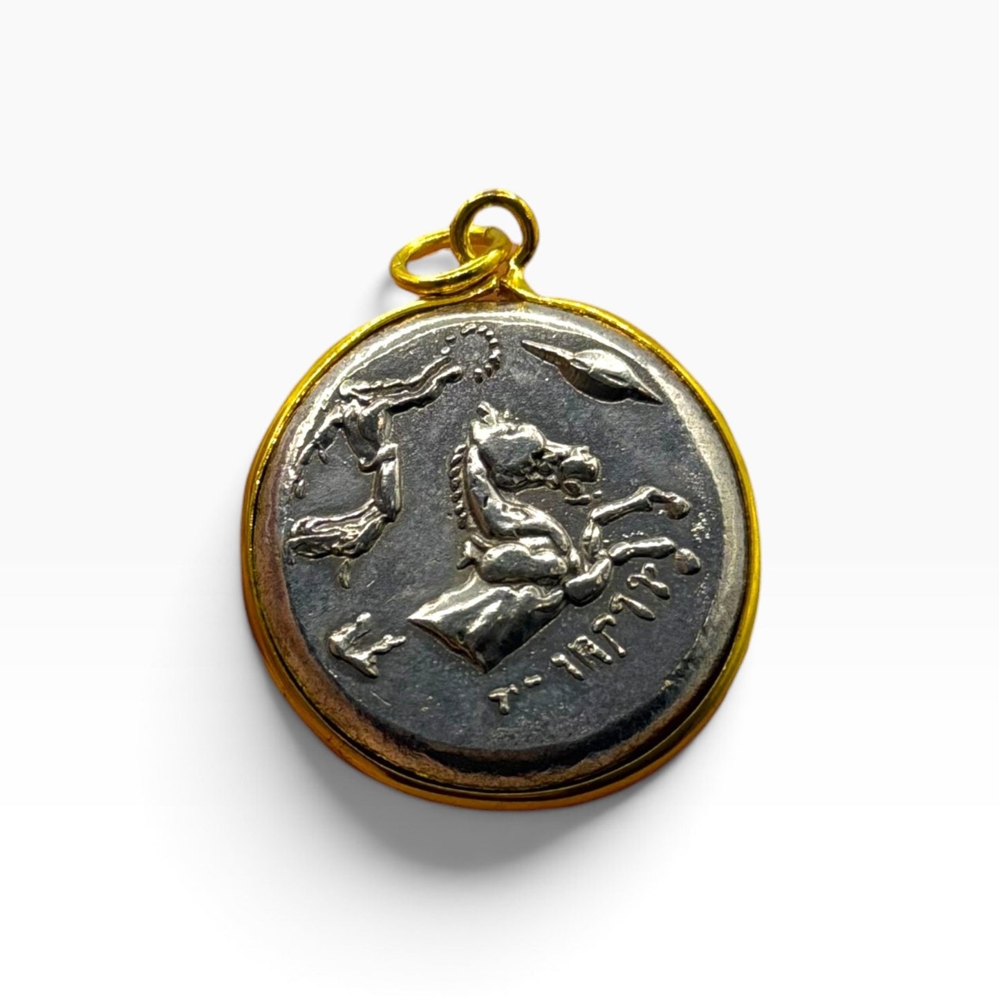 Ancient Greek Inspired Coin Gold Plated Frame Pendant