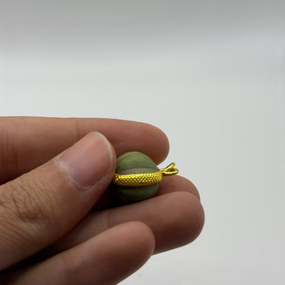 Vintage Carved Green Stone Watermelon Bead Pendant Gold Plated Frame Charm