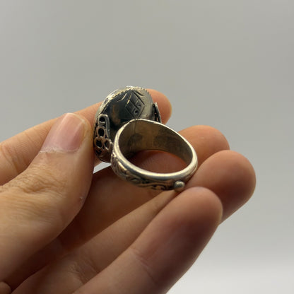 Antique Style Silver Filigree Ring with Oval Black Intaglio Gemstone