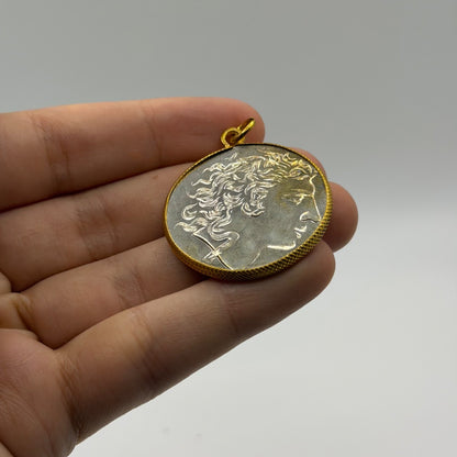 Ancient Roman Greek Style Silver & Gold Tone Coin Pendant